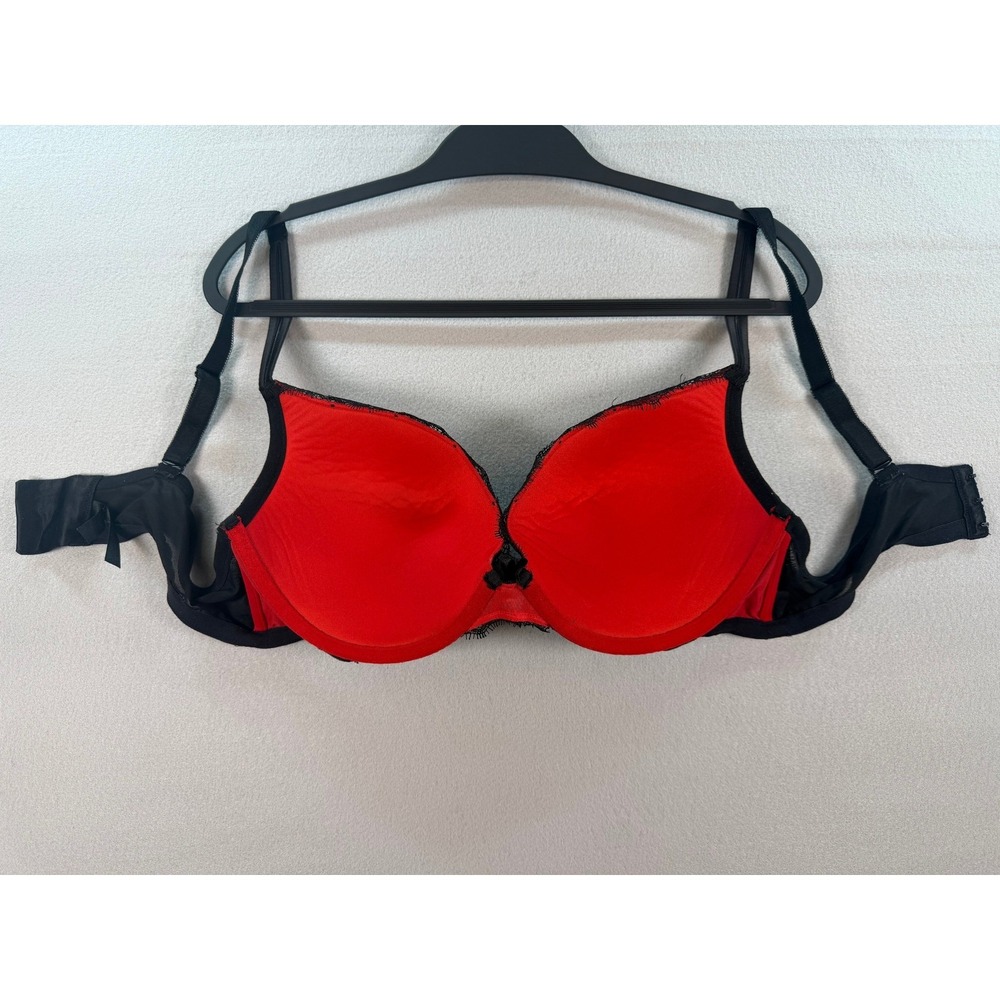 Torrid Push Up Plunge Bra 40D Red Black Floral Lace Underwire Eyelash Trim Bow - Picture 3 of 8
